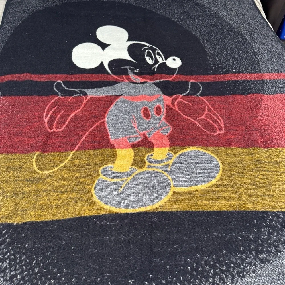 Vtg Biederlack Blanket MICKEY MOUSE Black White Reversible Disney 52x76 ***FLAWS